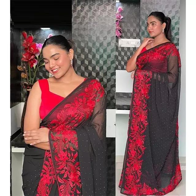 Party Wear Red and Black Saree